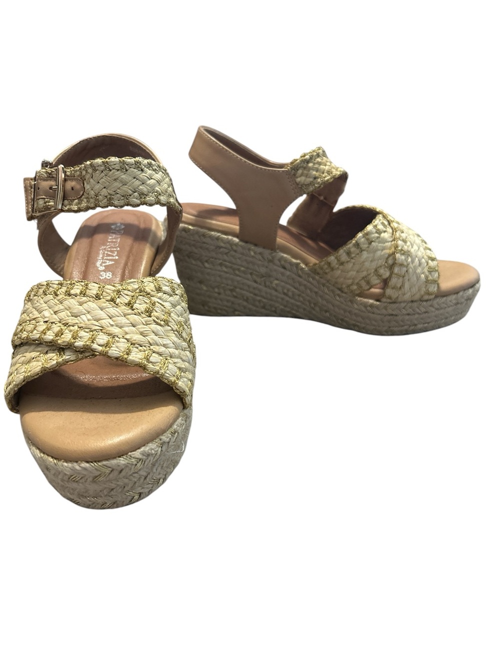 Patrizia Gold Woven Raffia Wedge Sandals, size 38